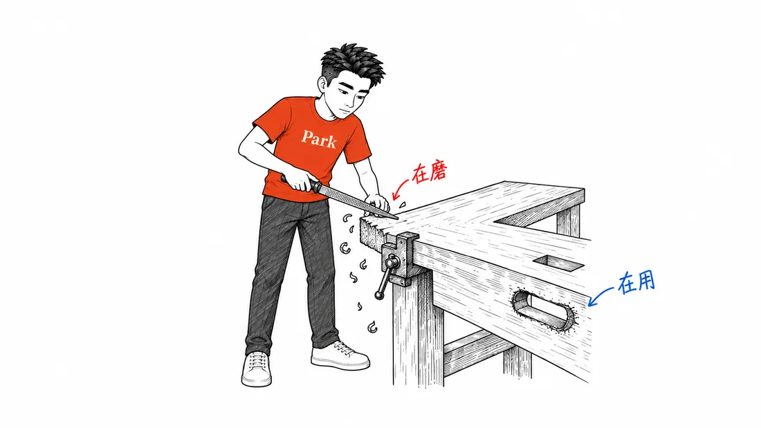 Park 在工作台前打磨工具：一边在磨，一边在用